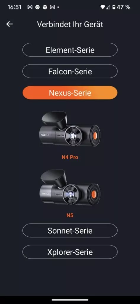 Vantrue Nexus 4 Pro Auswahl zum Verbinden