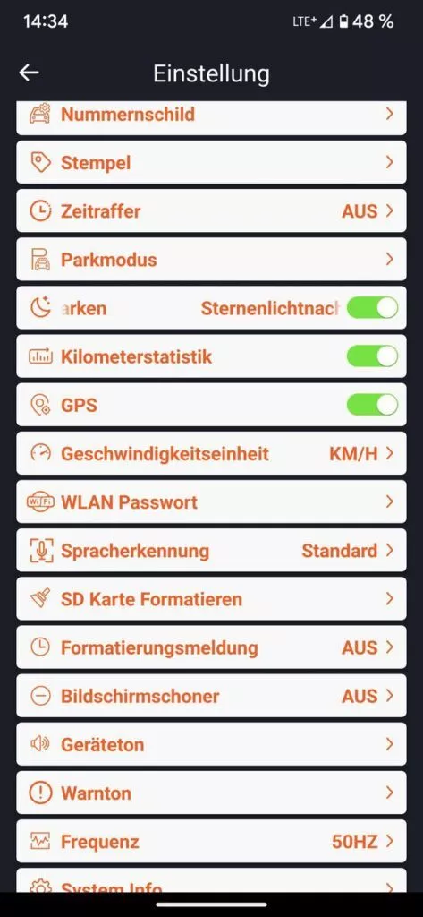 Weitere Einstellungen in der Vantrue App