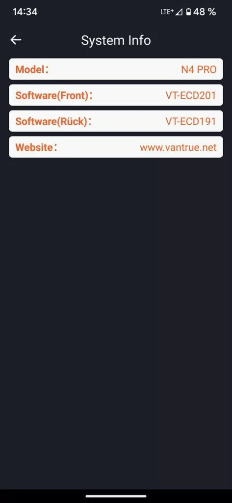 System Info der Vantrue Nexus 4 Pro