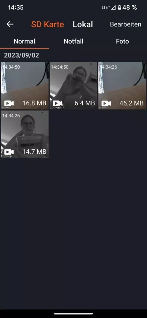 Auf der SD Karte befindliche Aufnahmen der Vantrue Nexus 4 Pro