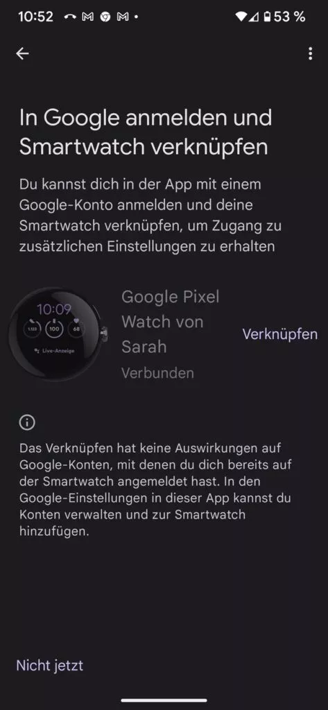 Pixel Watch App Verknüpfung von Google Konto