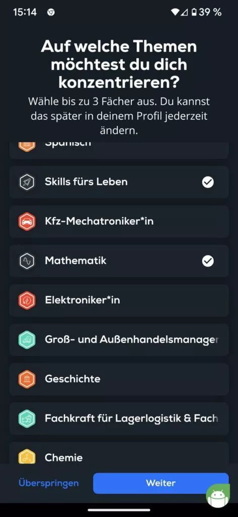 Auswählen der Lernthemen