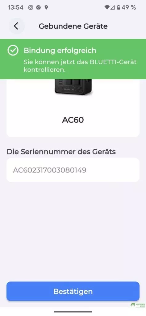 Die BLUETTI AC60 ist verbunden