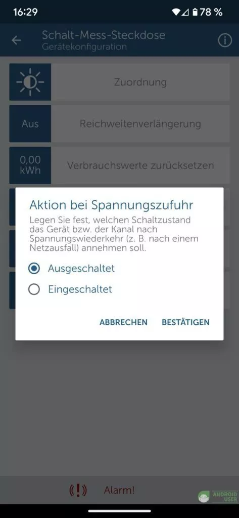 Aktion bei Spannungszufuhr der Steckdose
