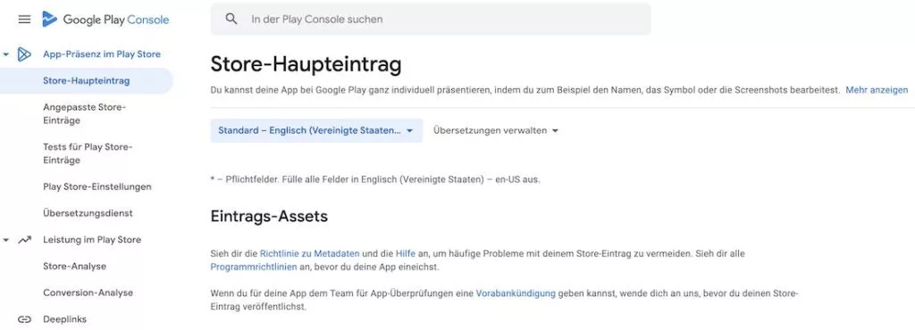 Google Search Console Lokalisierung des Store-Haupteintrags