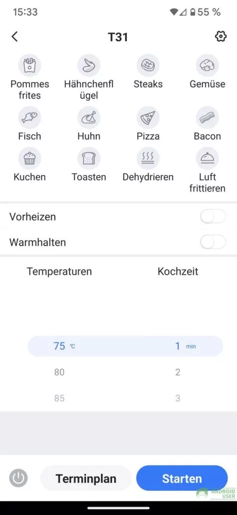 Die Programme der Heißluftfritteuse