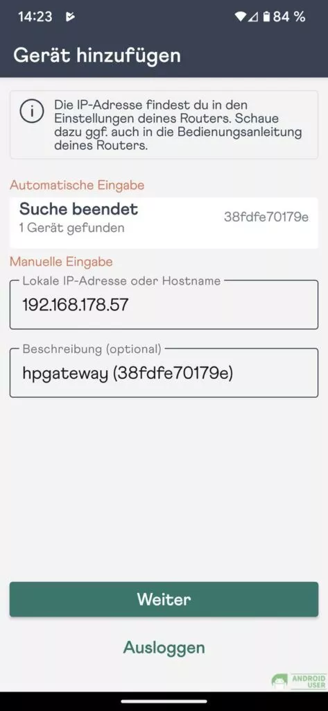 Gateway wird in der App erkannt