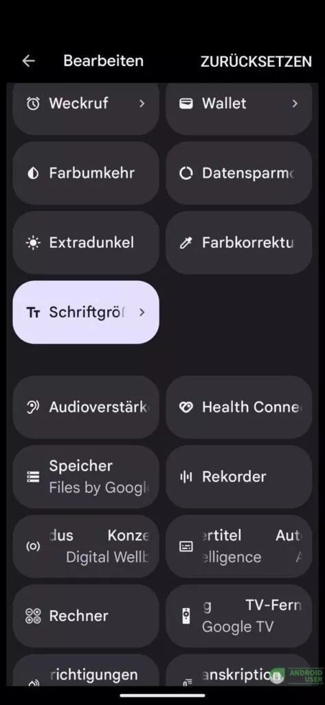 Schnelleinstellungskachel, um die Schriftgröße zu ändern