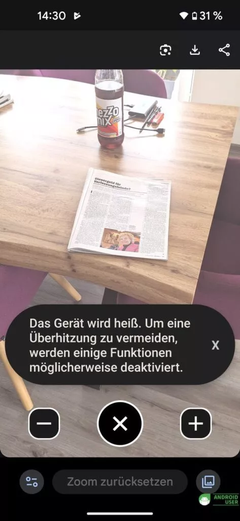 Der Text liegt weit entfernt, das Pixel 5 läuft etwas heiß