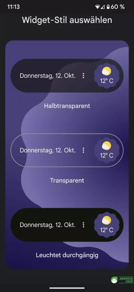 Drei Widget Stile sind für das At a Glance Widget vorhanden