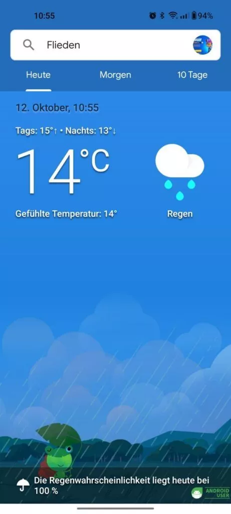Google Wetter vorher mit Froggy bildschirmfüllend
