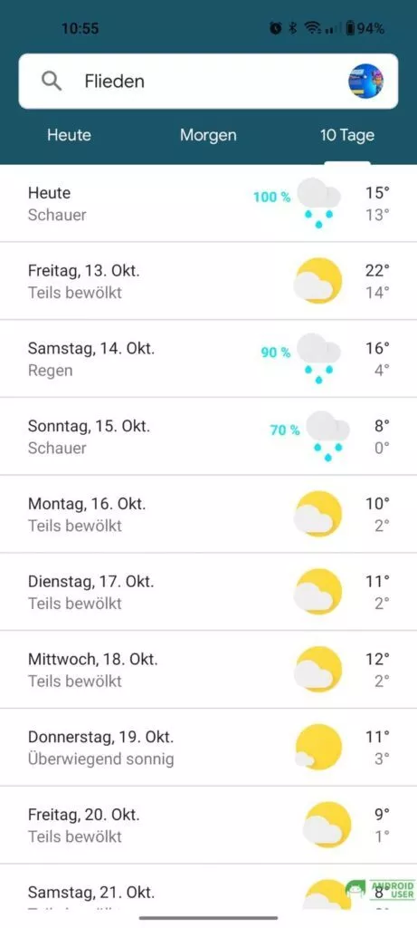 Wetter der nächsten 10 Tage in der Google Wetter App