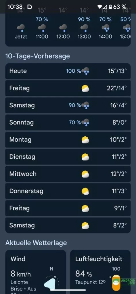 Das Wetter der nächsten 10 Tage in der Google Wetter App