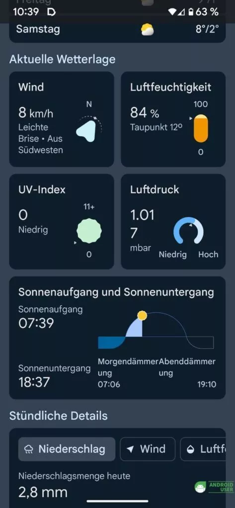 Verschiedene Wetter Informationen in der Google Wetter App mit Froggy dem Frosch