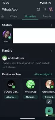 Dein Kanal erscheint jetzt direkt unter den Statusmeldungen