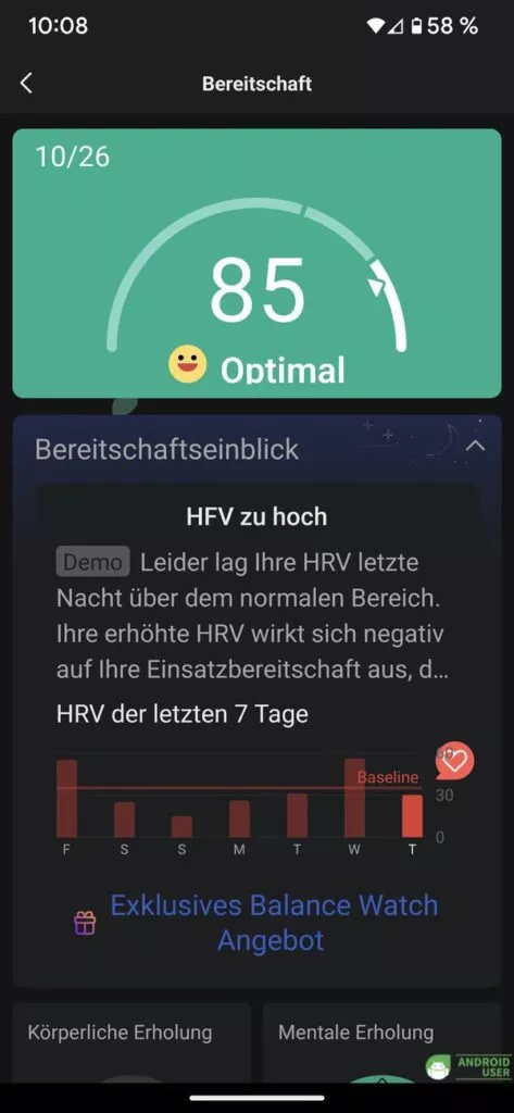 HFV zu hoch, Anzeige der Aufzeichnungen der Smartwach in der Amazfit App