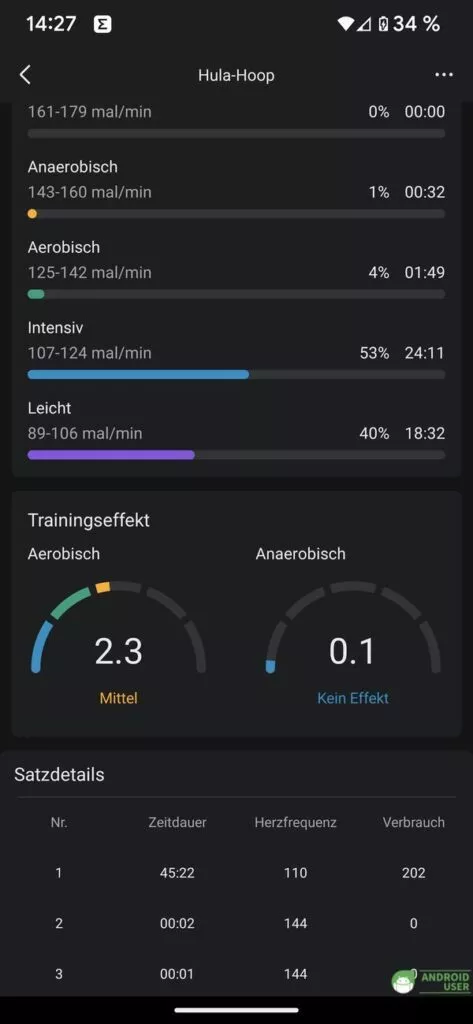 Trainingseffekt aufgezeichnet von der Smartwatch