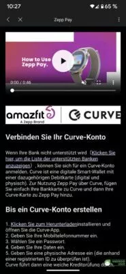 Amazfit Zepp Pay funktioniert derzeit nur über Curve auf der Smartwatch