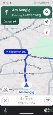 Nach dem Starten der Navigation zeigt sich noch kein Tempolimit