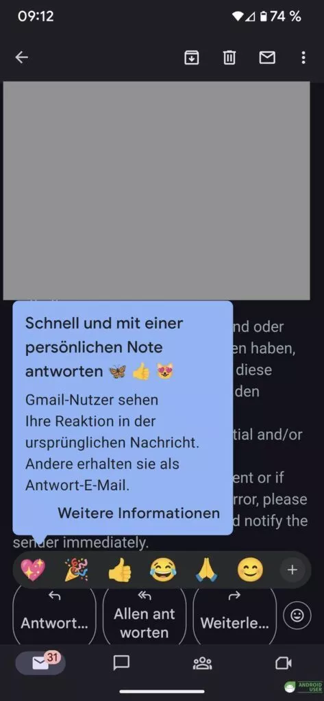 Emoji Reaktionen fügst du über den Emoji Button in Gmail hinzu