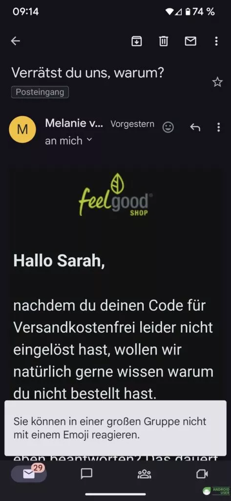 Bei Nachrichten mit mehr als 20 Empfängern ist auch keine Reaktion möglich in Gmail