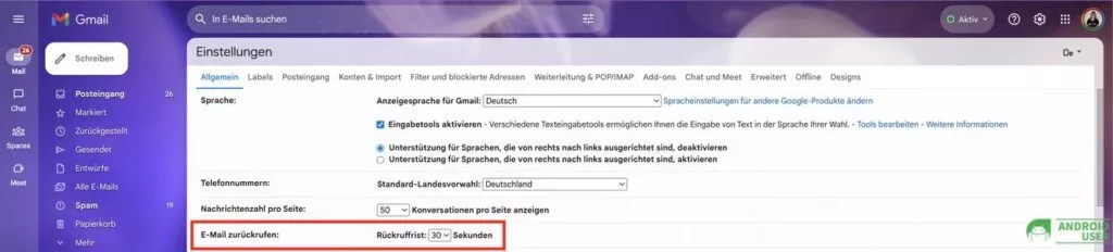 Gmail Rückruffrist einstellen