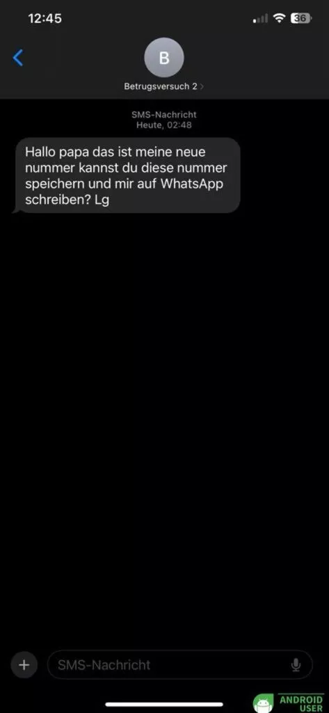 Eine zweite Spam Message von einer anderen Nummer wird für den Betrugsversuch angezeigt