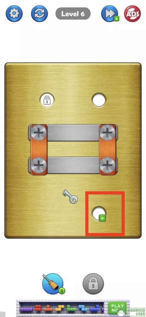 Schade ist der Werbe-Button direkt im Spielfeld von Screw Puzzle