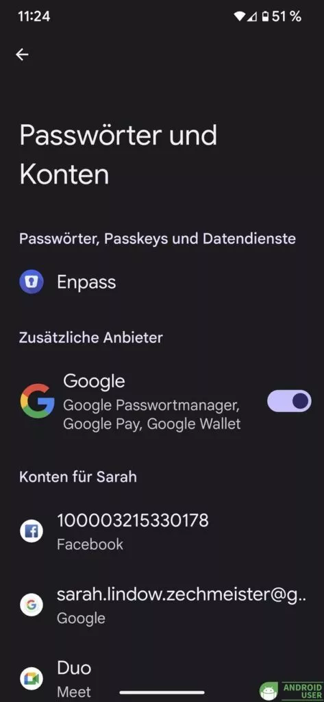 Passwörter, Passkeys und Datendienste zeigen den von dir gewählten Passwortmanager für das Erstellen der Passkeys