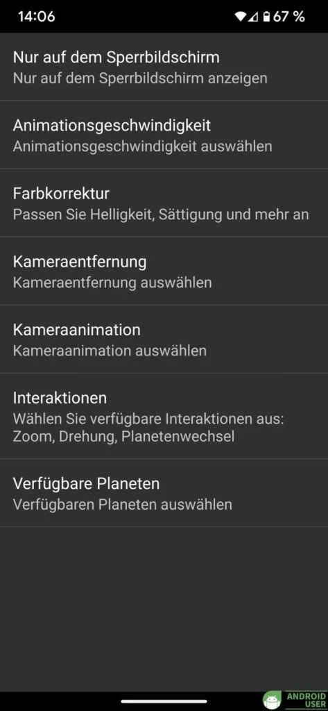 Verschiedene Einstellungen der Planeten 3D Live Hintergrund App