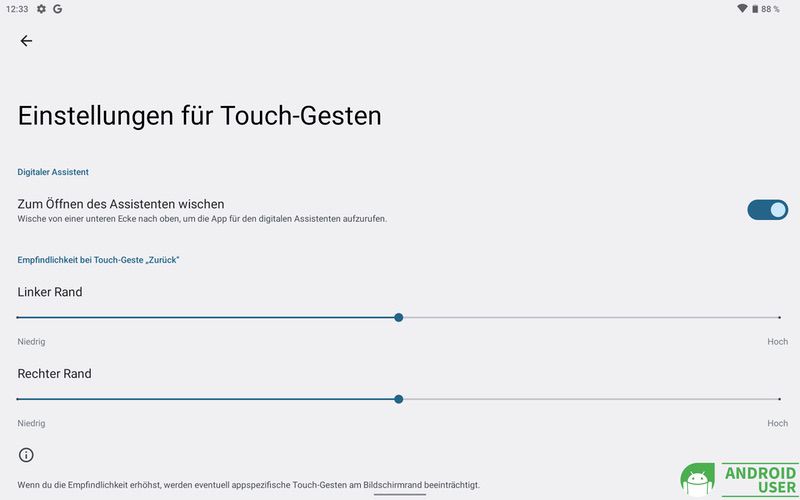 Einstellungen der Touchgesten auf dem Tablet