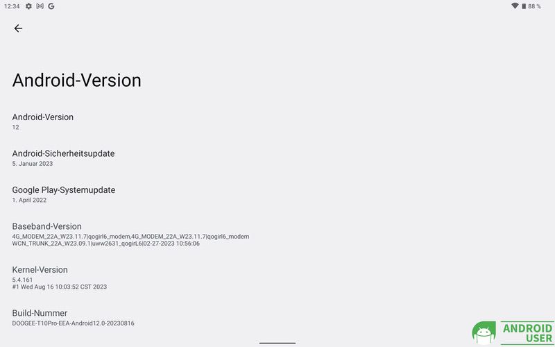 Android Version und Sicherheitsupdate des Doogee T10 Pro Tablet