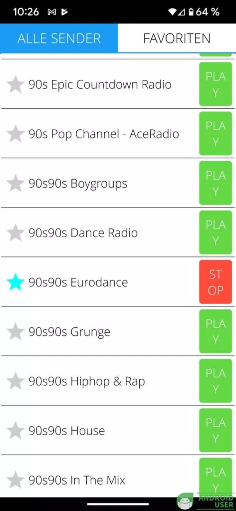 90er Musik Radio Pro Startseite mit Senderauswahl