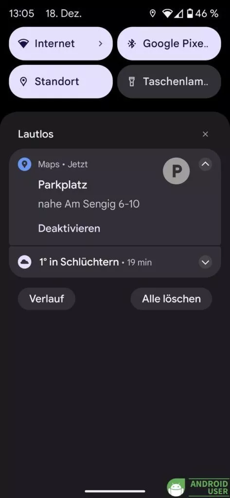 Eine lautlose Benachrichtigung zeigt deinen Parkplatz