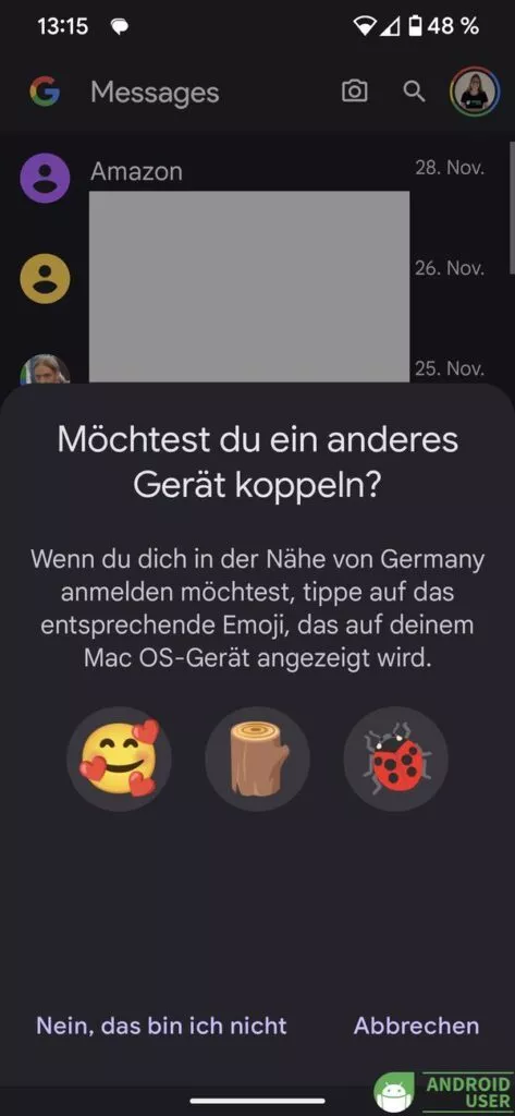 Die Bestätigung der Gerätekopplung erfolgt per Emoji