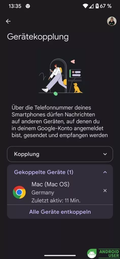Per Tipp auf dein Profilbild wird unter Gerätekopplung der gekoppelte PC angezeigt.