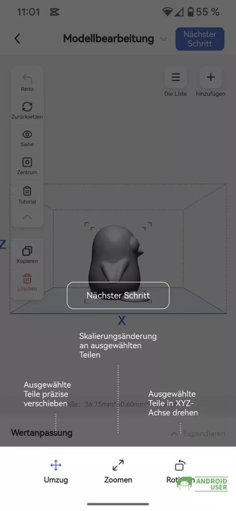 In der Modellbearbeitung bekommst du in der App eine Anleitung eingeblendet.