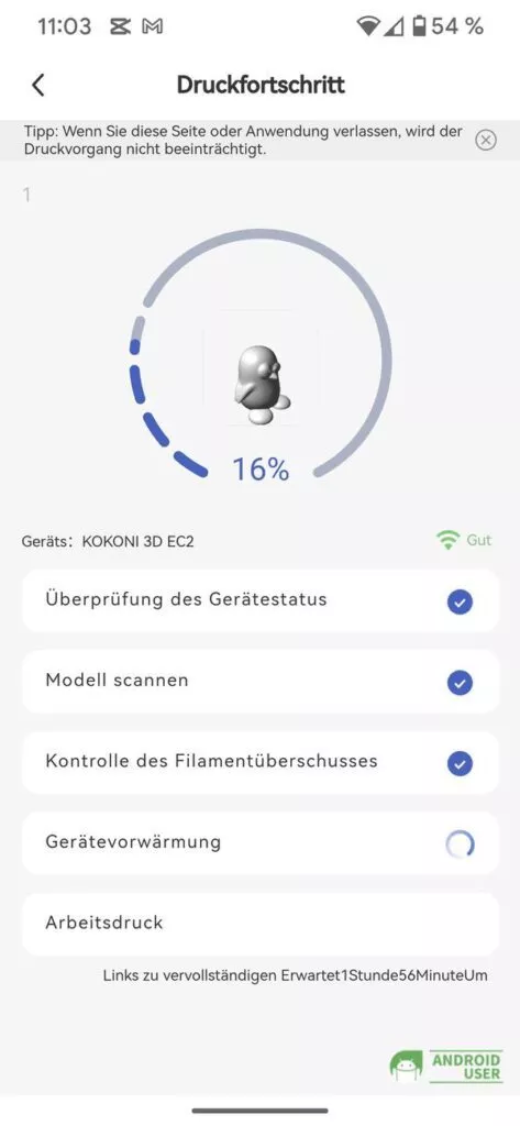 Den Druckfortschritt bekommst du in der Kokoni App angezeigt.