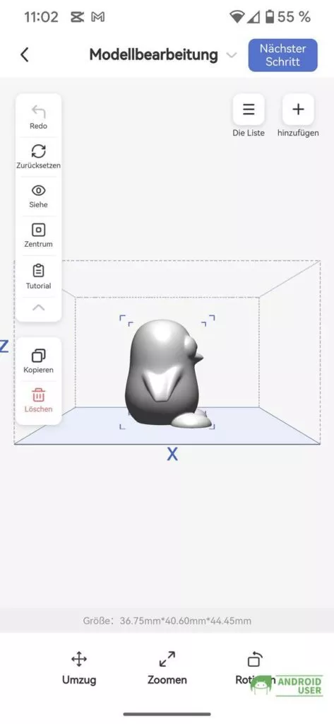 Du kannst das Modell vor dem Drucken über die App noch bearbeiten.