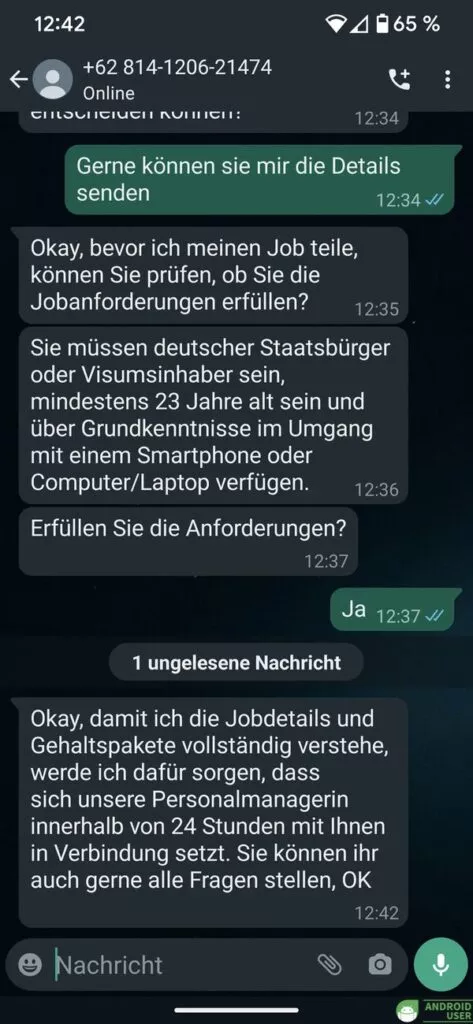 Verschiedene Anforderungen werden via WhatsApp zum Task Scam mitgeteilt
