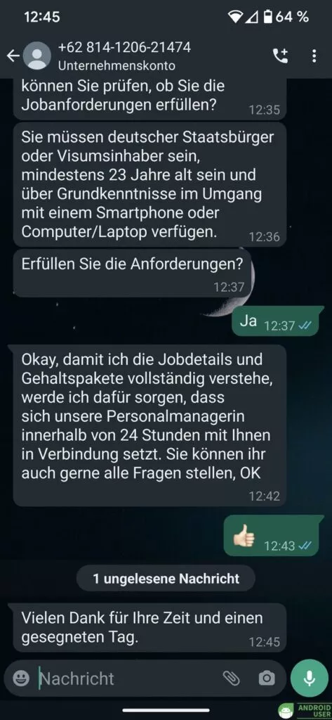 Hier haben wir den Task Scam via WhatsApp abgebrochen