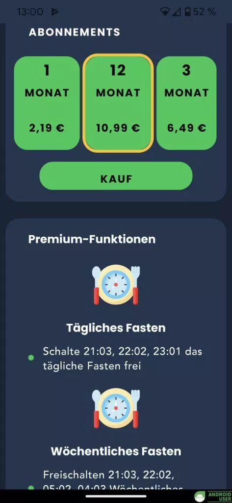 Erst mit der Premium-Funktion gibt es weitere Infos zum Intervallfasten