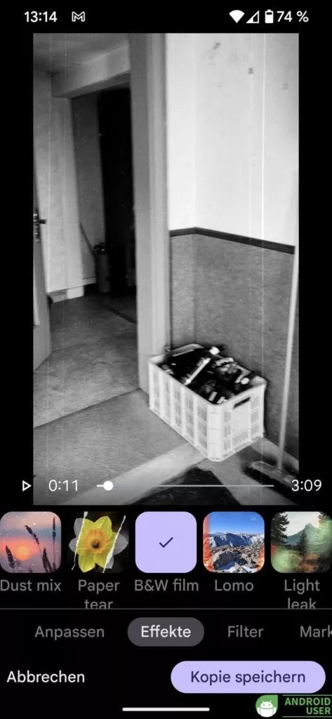 B&W film Videoeffekte in Google Fotos