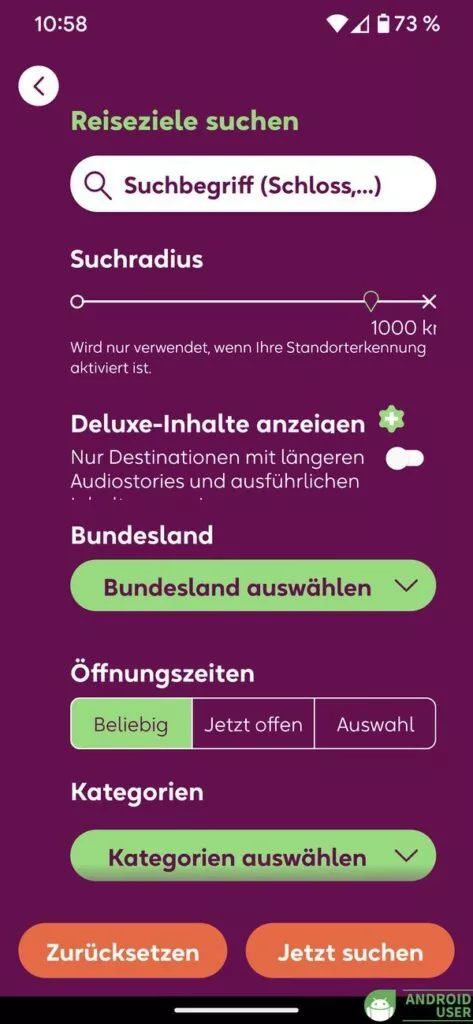 Die Liste der Sehenswürdigkeiten lässt sich filtern