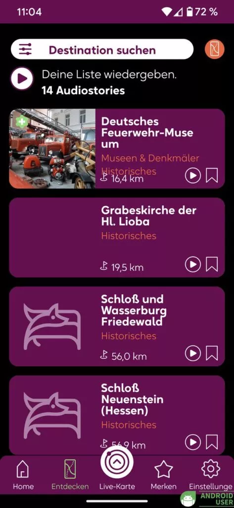 Gefilterte Inhalte im Entdecken Tab der signseeing App