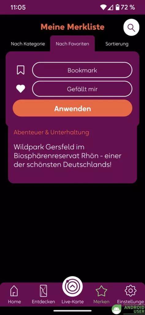 Gemerkte Inhalte lassen sich in der signseeing App gefiltert anzeigen