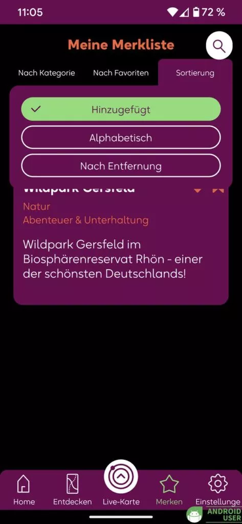 Die Sortierung kann alphabetisch oder nach Entfernung erfolgen