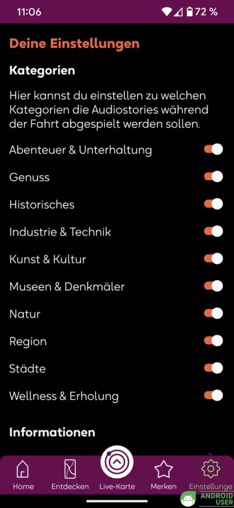 In den Einstellungen der signseeing App wählst du aus, welche Audiostories du hören möchtest.
