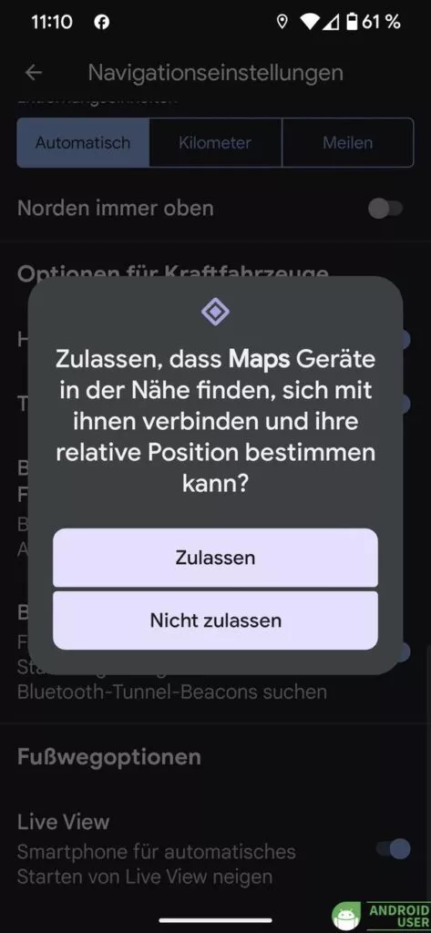Du erteilst die Berechtigungen für die Nutzung der Bluetooth Beacons in Google Mpas für Android