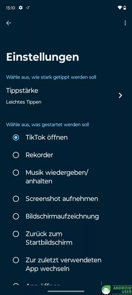 Du wählst aus, welche Aktion mit der Direktstartgeste gestartet wird.